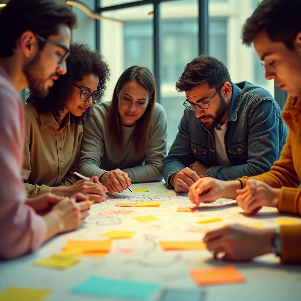 A team brainstorming session in a creative workspace.